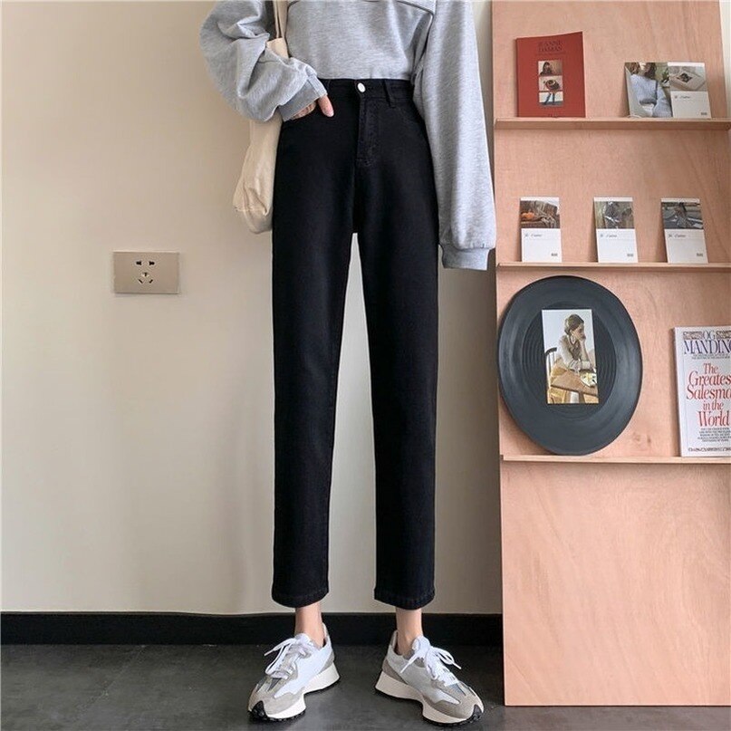 Women Jeans All-match Mopping Vintage Black Trousers Solid Denim High Waist Autumn Korean Style Baggy Chic Ulzzang S
